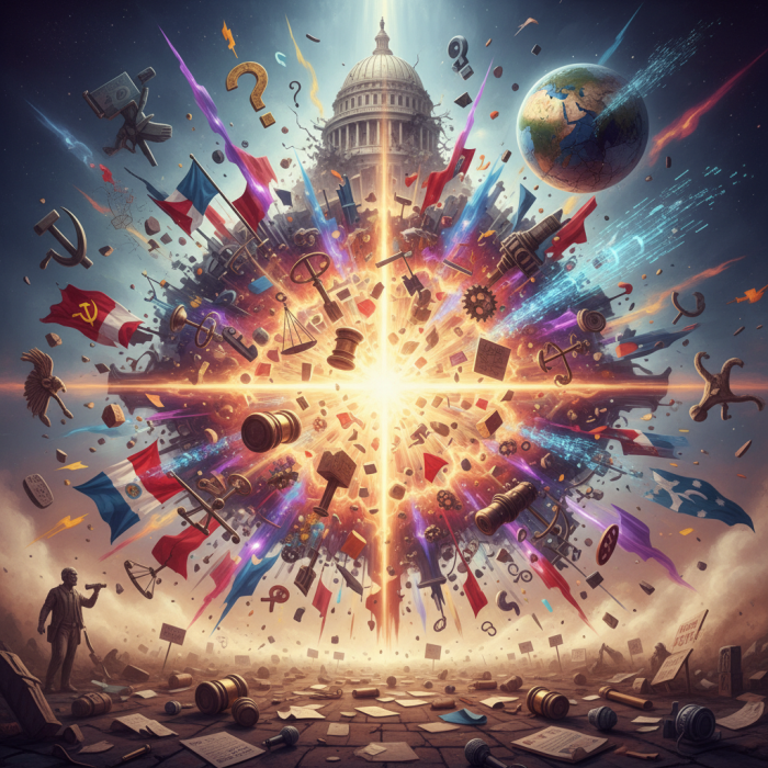 Surreal digital art of a central explosion scattering flags, symbols, and a domed building.