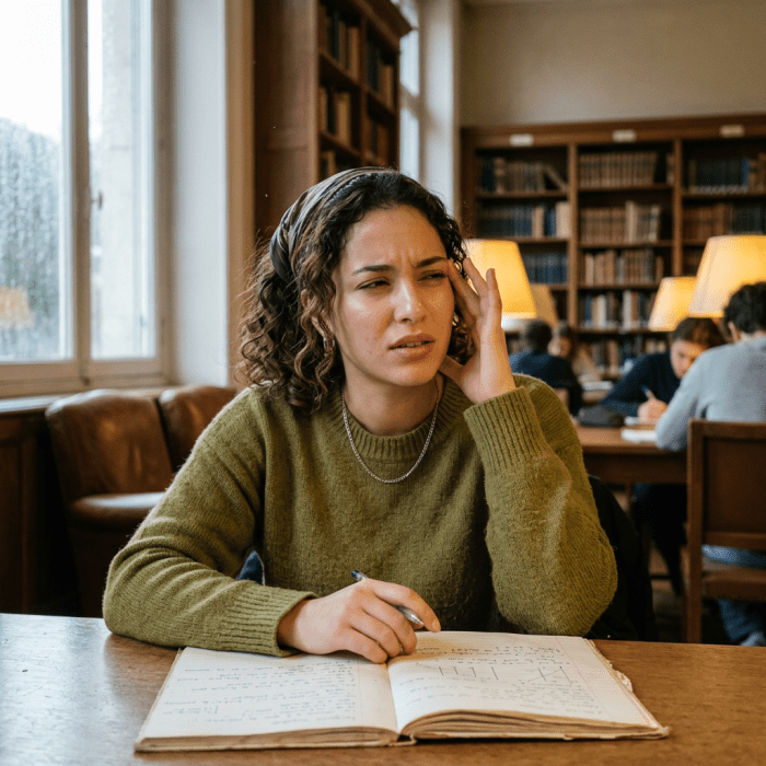 Frustrated student sitting at a table with an open notebook in a library