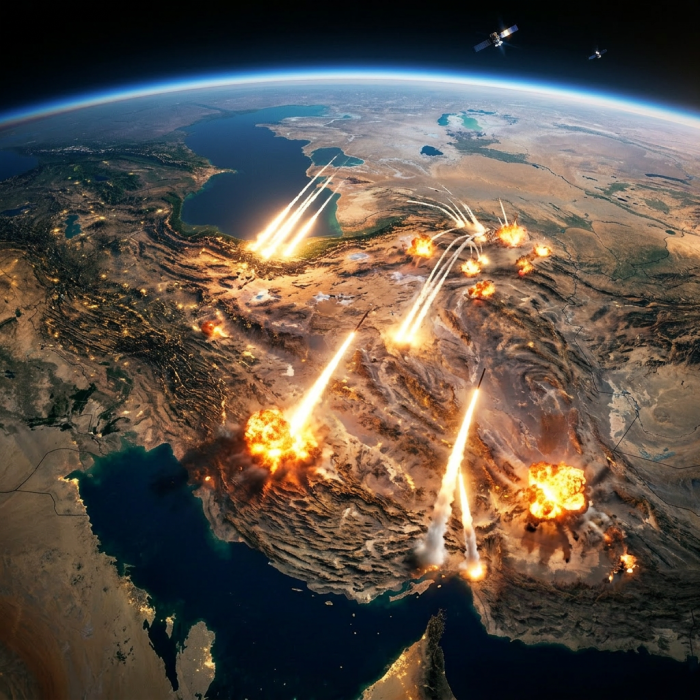 Missile launches over Middle Eastern desert and coastline seen from space