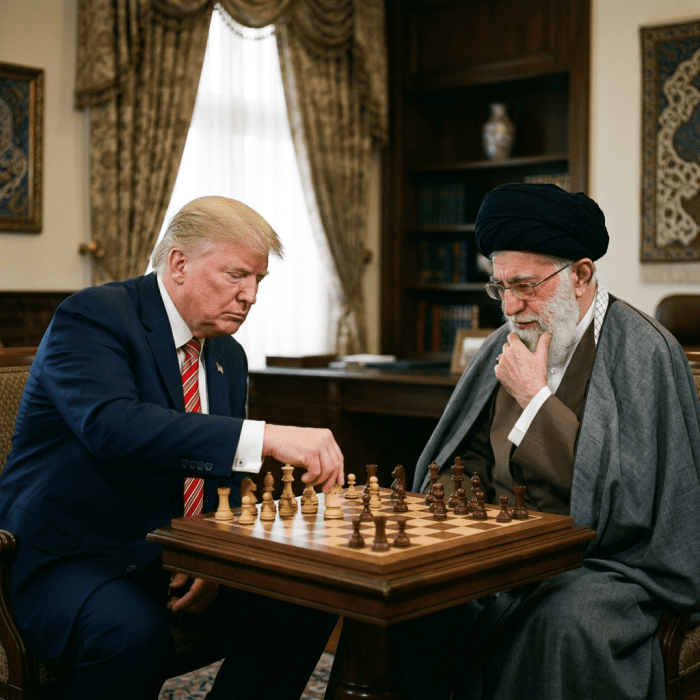 Two men playing chess at a wooden table in a formal room