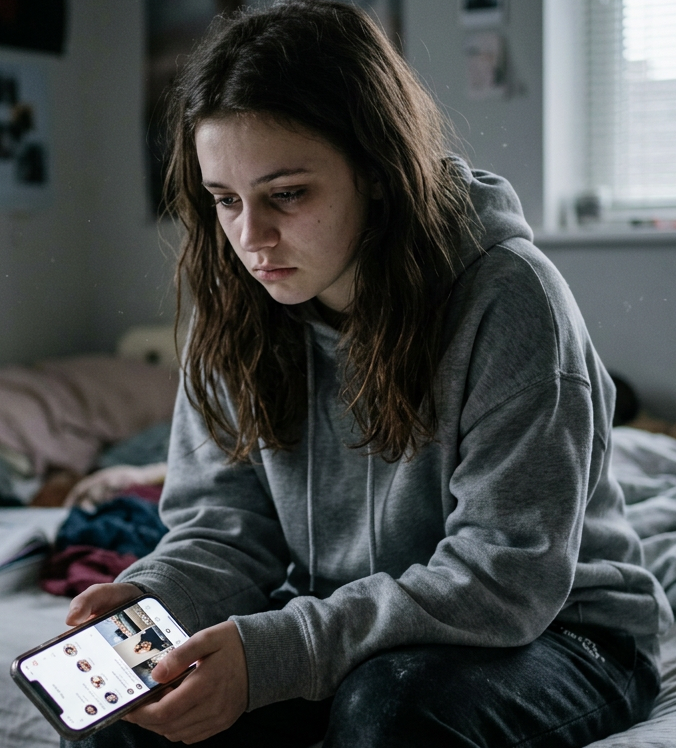 Teenage girl sitting on bed looking sadly at smartphone screen