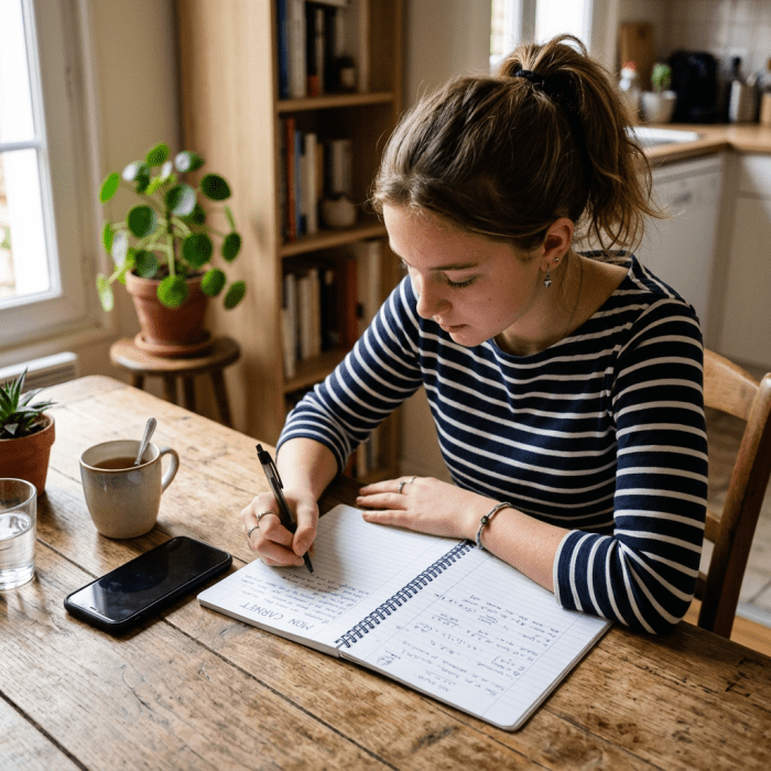 Young woman writing in notebook while studying at wooden table with phone and cup nearby