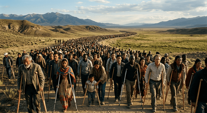 Crowd of diverse individuals using crutches walking across a vast open landscape